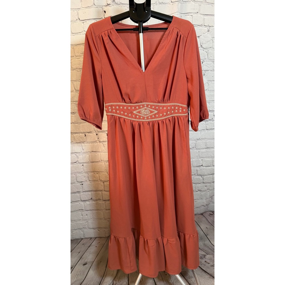 BloomChic Terracotta Rust Embroidered Waist V-Neck Midi Dress Womens Size 12